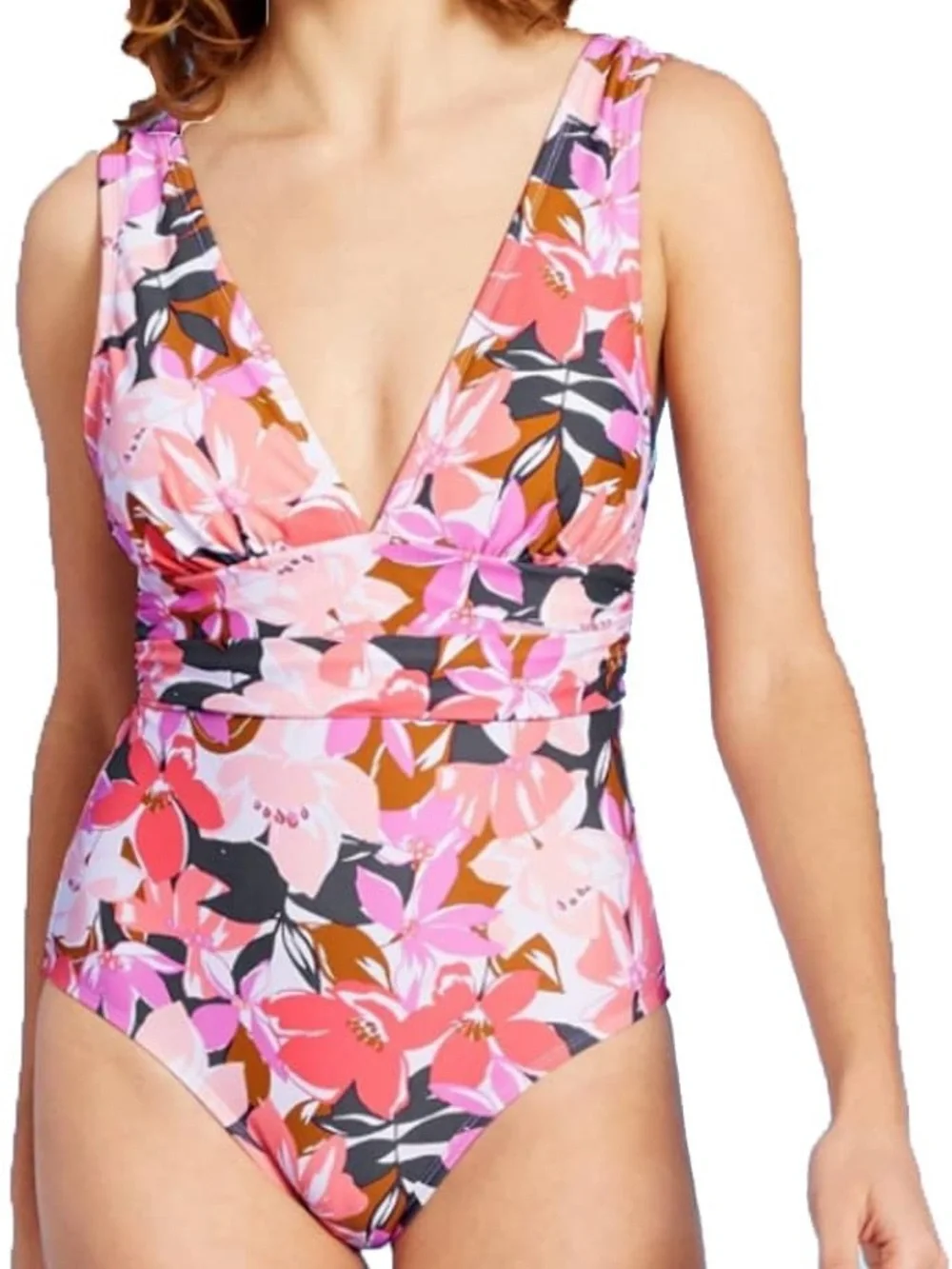 Kona Sol Pink Floral V-Neck One-Piece Swimsuit